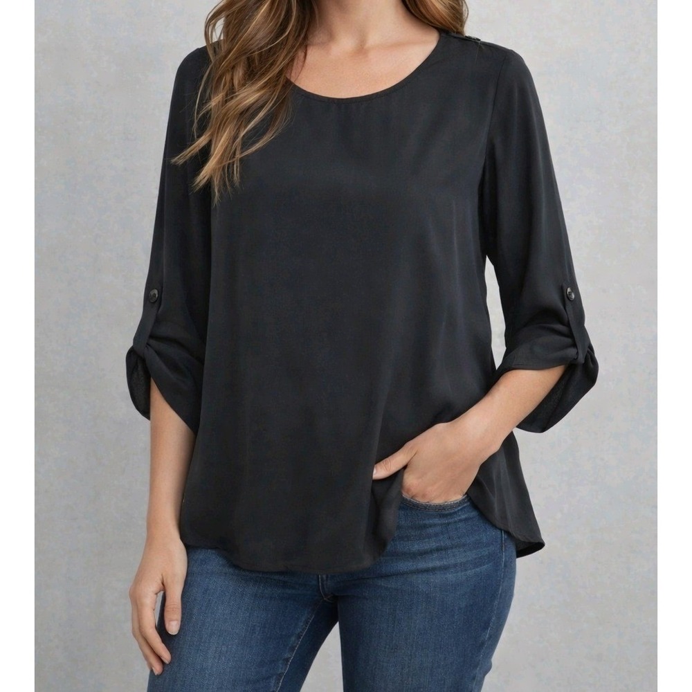 Hippie Rose Blouse Women Large Black Roll Tab Sleeve Zip Back Business Career